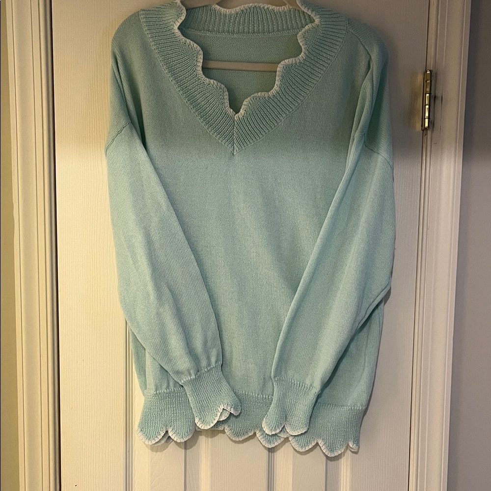 Scalloped Edge Light Blue Sweater